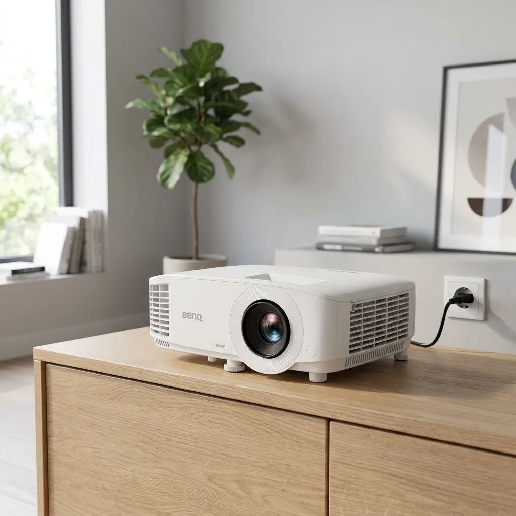 KI-Visualisierung: BenQ TH575i Weißer Projektor auf einem Holzschrank