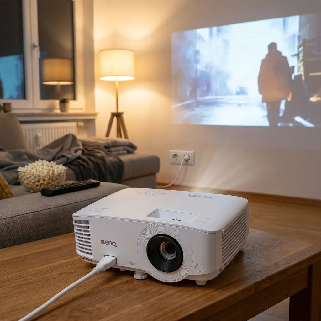KI-Visualisierung: BenQ TH575i Weißer Beamer auf einem Holztisch im Wohnzimmer