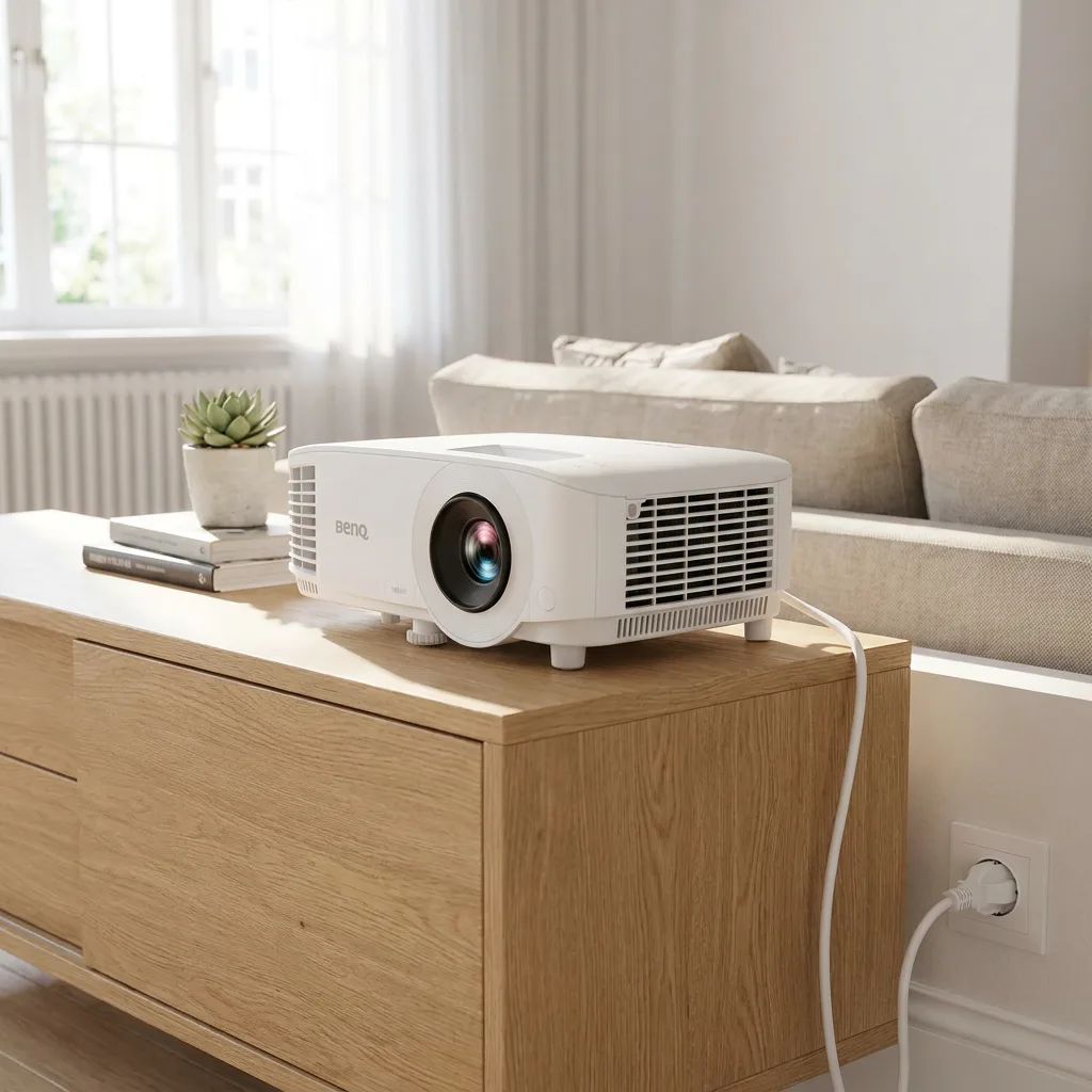 KI-Visualisierung: BenQ TH575i Beamer auf einer Holzkommode im Wohnzimmer