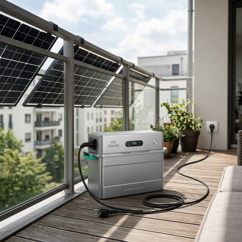 KI-Visualisierung: Zendure SolarFlow 1600 AC+ Batteriespeicher stehend auf Balkonboden