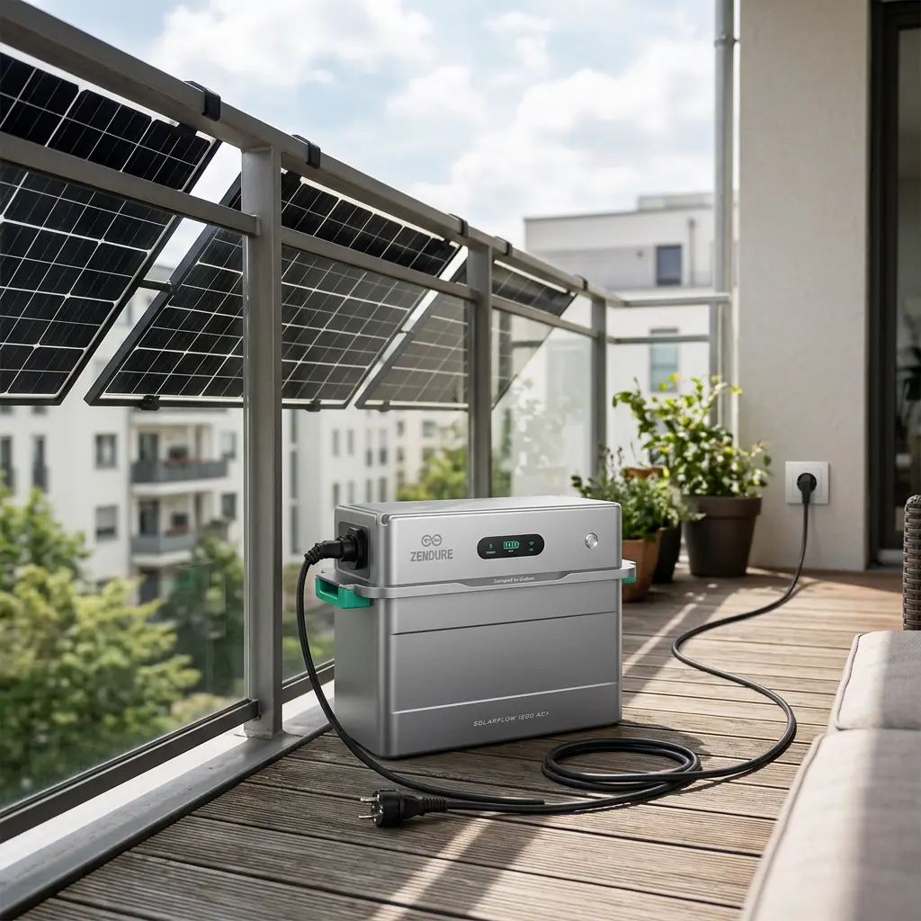 KI-Visualisierung: Zendure SolarFlow 1600 AC+ Batteriespeicher stehend auf Balkonboden