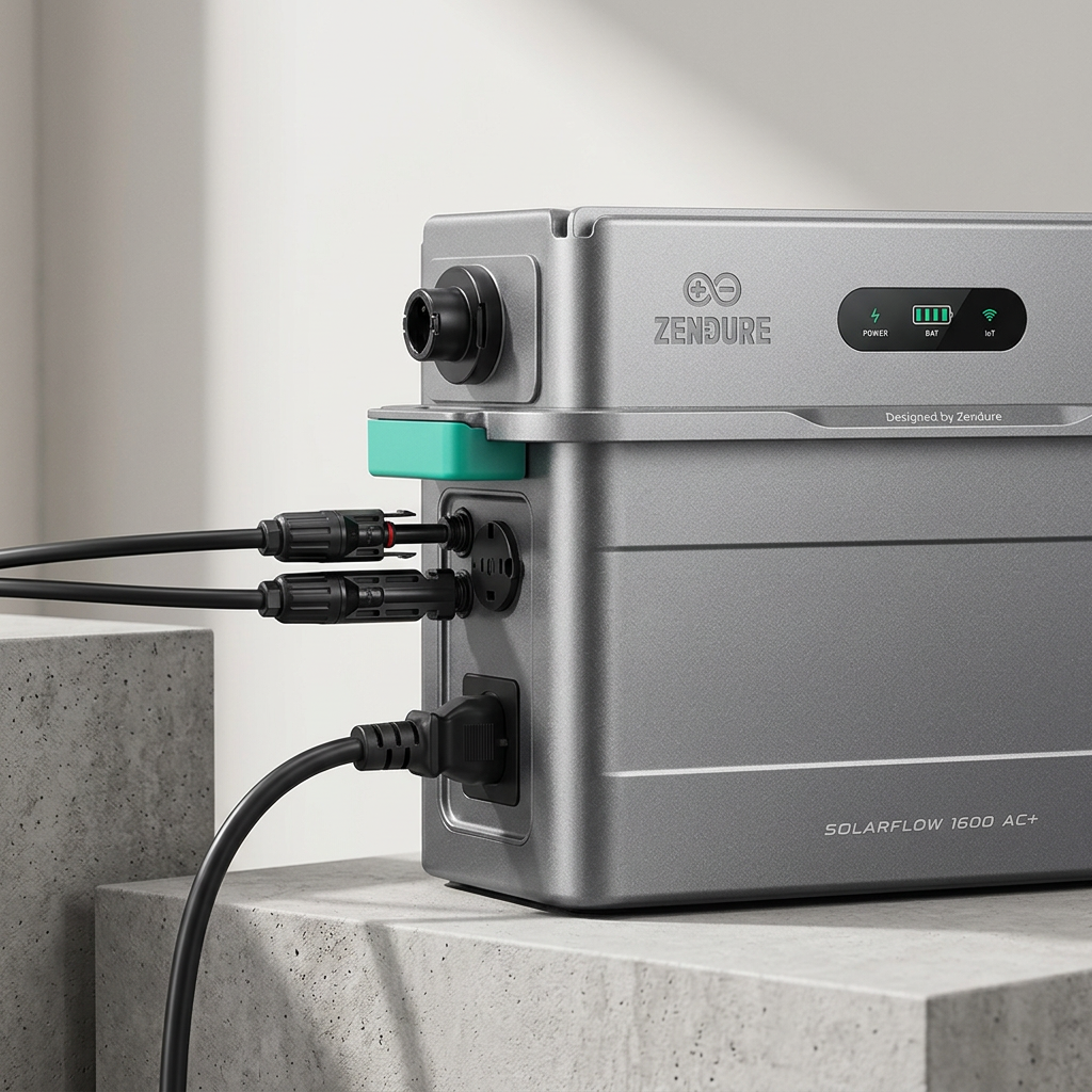 KI-Visualisierung: Zendure SolarFlow 1600 AC+ Solaranschlüsse und Stromkabel am Gerät