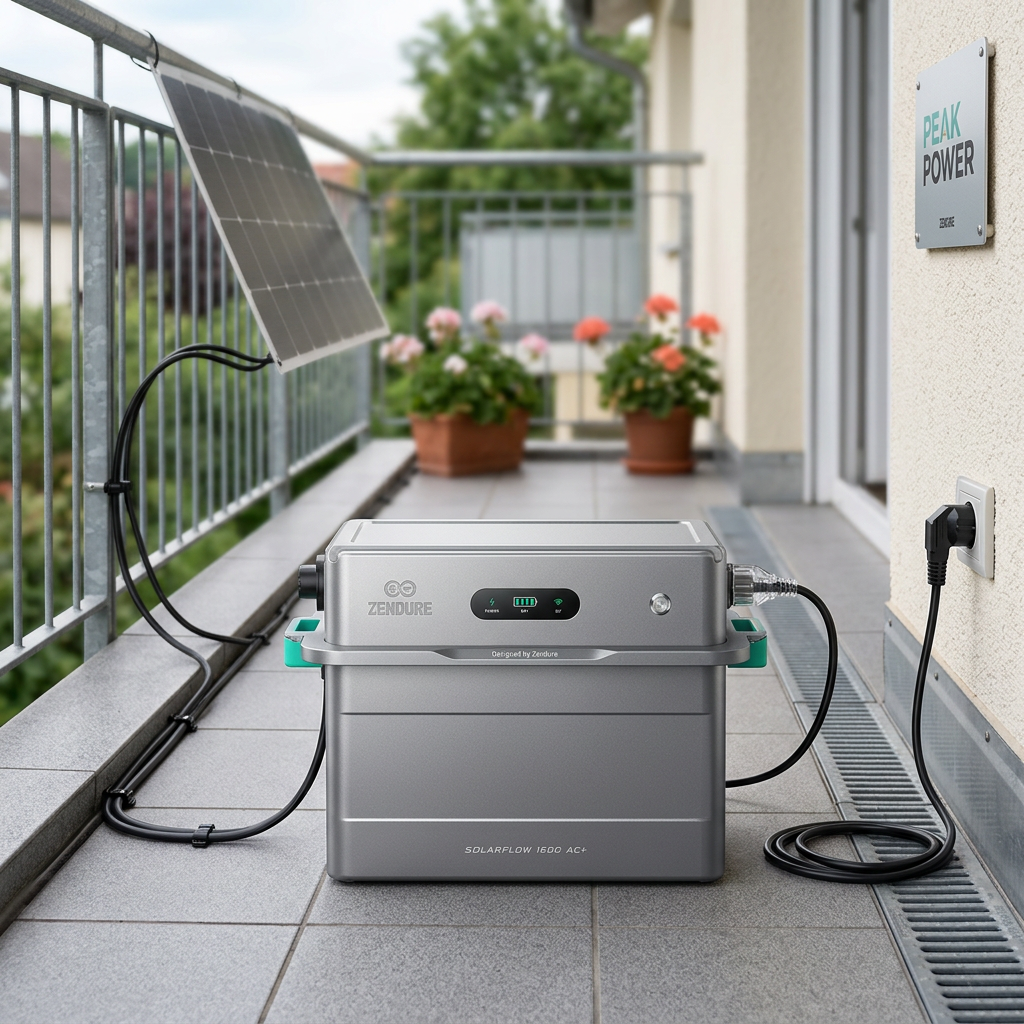 KI-Visualisierung: Zendure SolarFlow 1600 AC+ Balkonspeicher mit Kabel zum Solarmodul