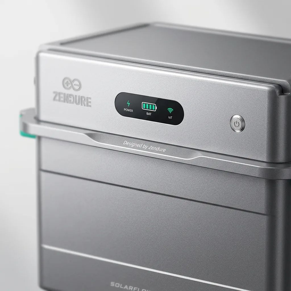 KI-Visualisierung: Zendure SolarFlow 1600 AC+ Bedienelemente und Anschlüsse eines Solarspeichers