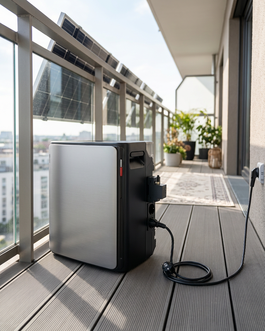 KI-Visualisierung: EcoFlow STREAM Ultra X Batteriespeicher auf Balkonboden mit Kabel