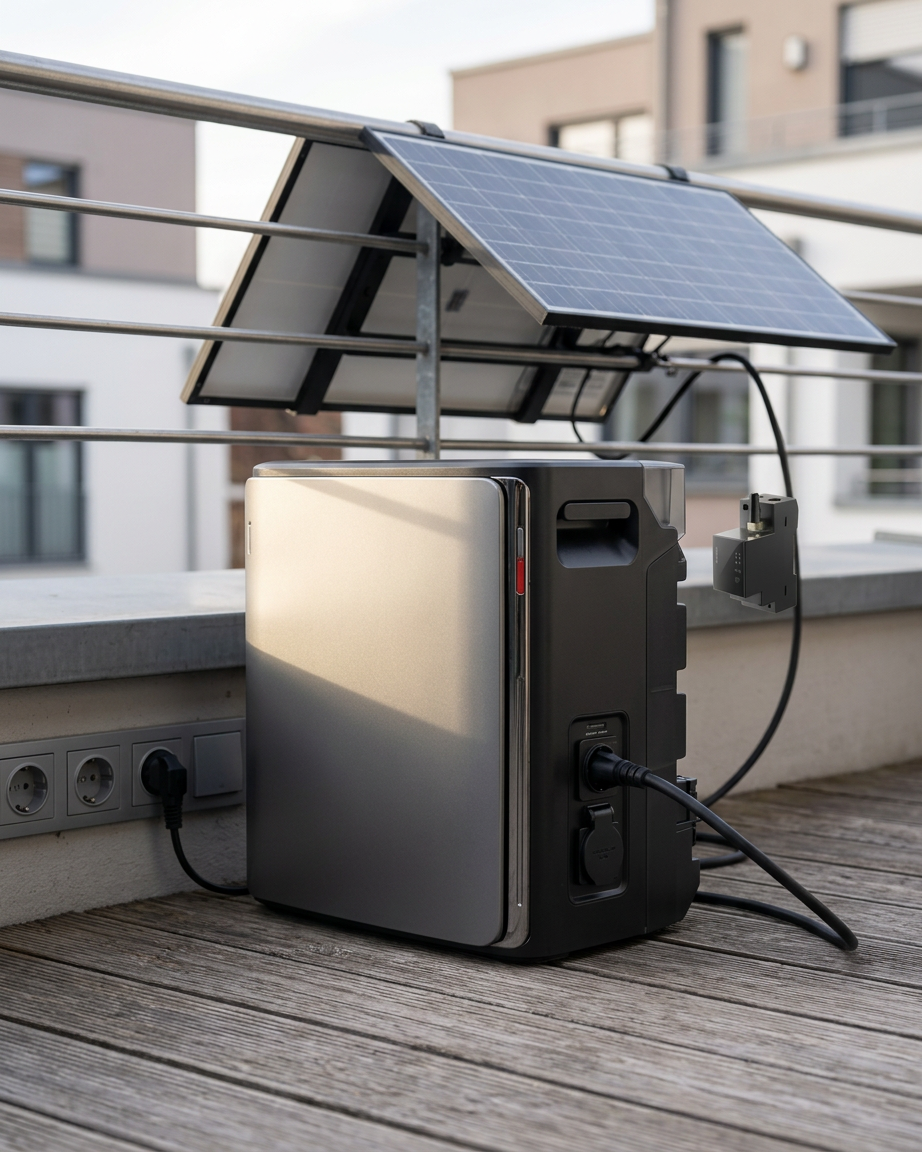 KI-Visualisierung: EcoFlow STREAM Ultra X Speicher mit Solarkabel auf dem Balkon