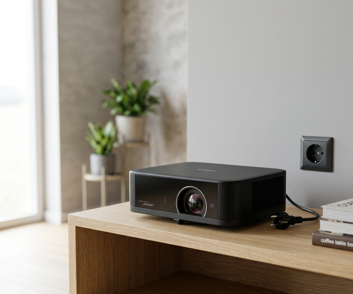 KI-Visualisierung: Epson LifeStudio Pop Plus EF-62 Kompakter Projektor im Wohnzimmer