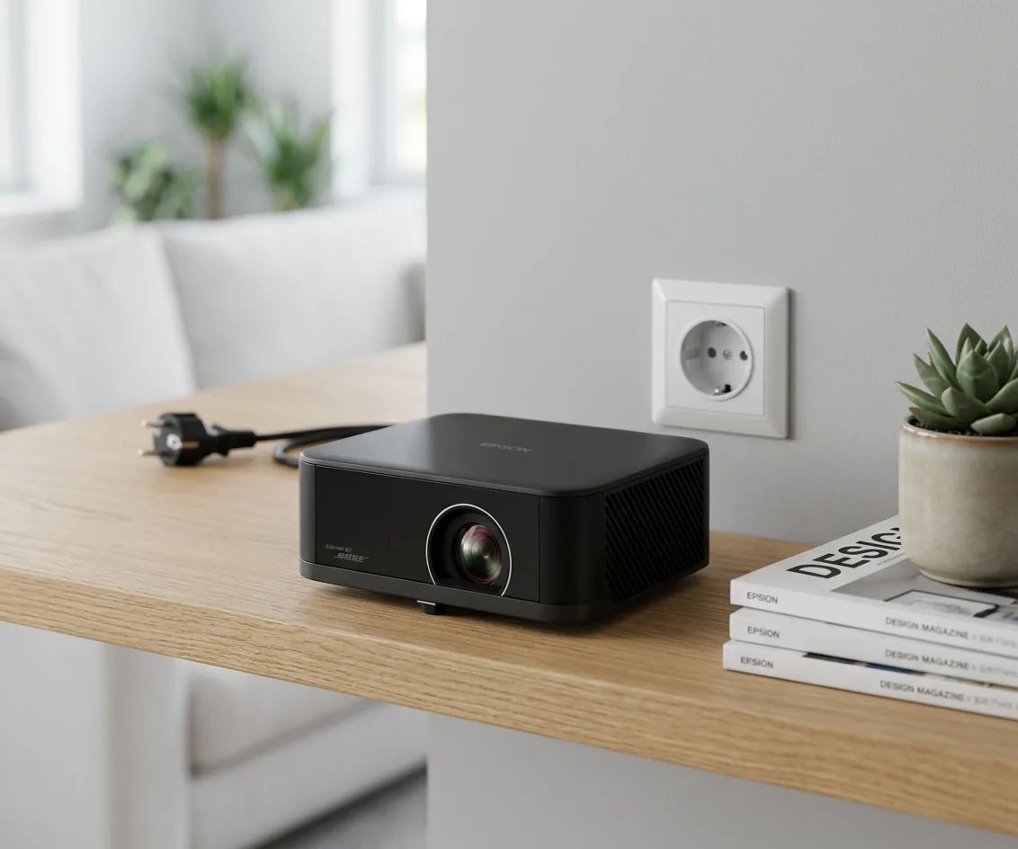 KI-Visualisierung: Epson LifeStudio Pop Plus EF-62 Beamer in heller Wohnzimmerumgebung