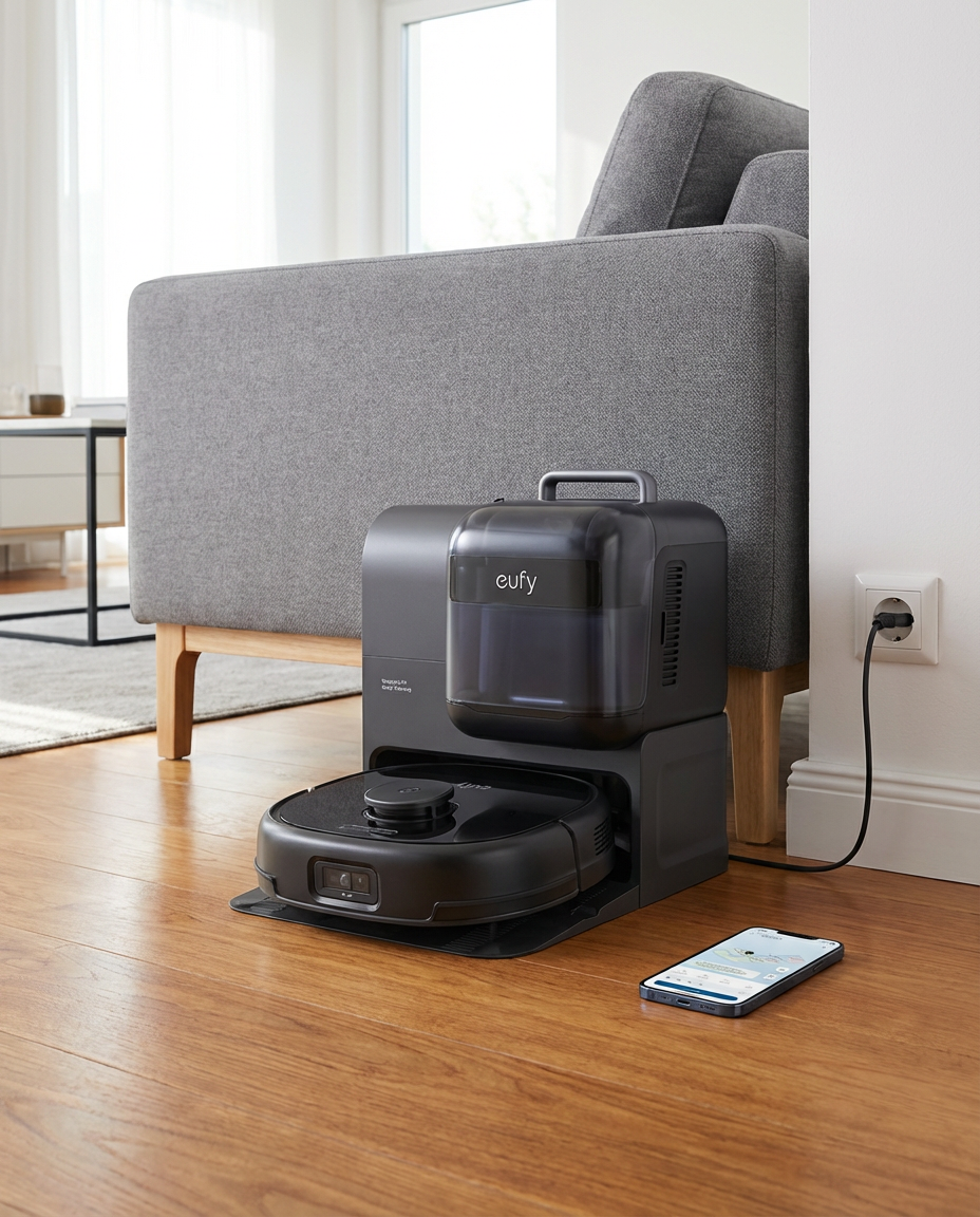 KI-Visualisierung: eufy Saug- und Wischroboter Omni E28 Saug-Wisch-Roboter im häuslichen Einsatz