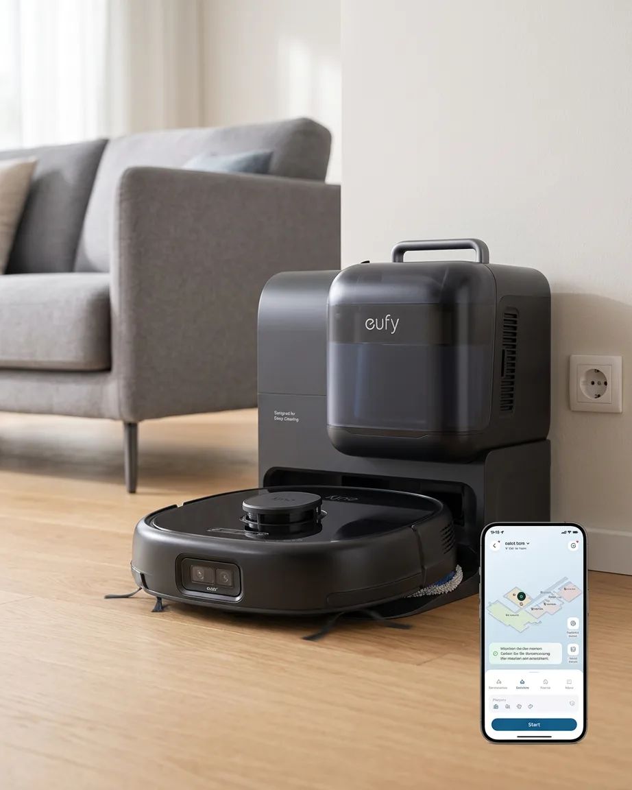 KI-Visualisierung: Eufy Saug- und Wischroboter Omni E28 Reinigung unter einem modernen Sofa