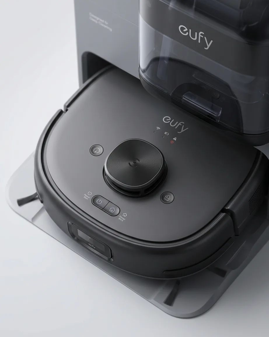KI-Visualisierung: Eufy Saug- und Wischroboter Omni E28 Oberseite mit Tasten und Sensoren