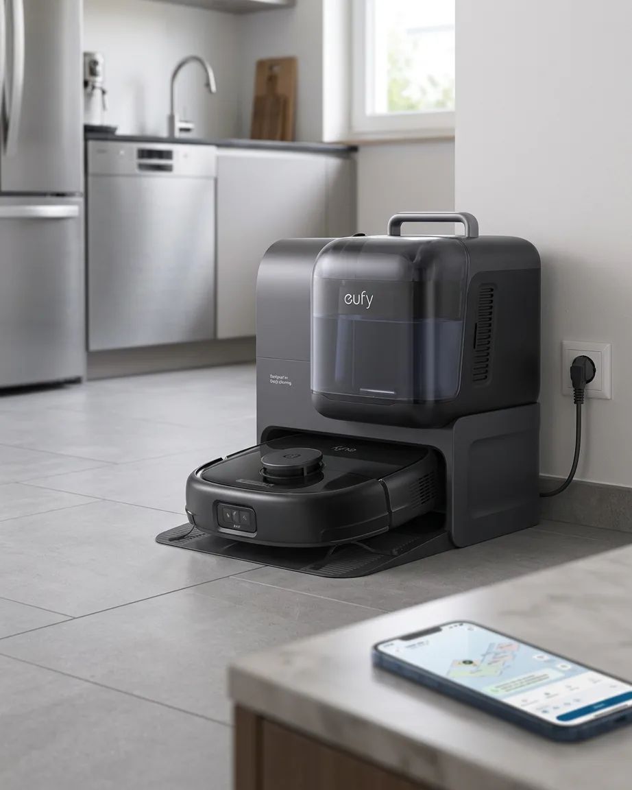 KI-Visualisierung: Eufy Saug- und Wischroboter Omni E28 Rückkehr zur Ladestation