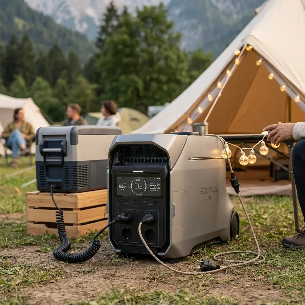 KI-Visualisierung: EcoFlow DELTA Pro 3 Mobile Powerstation beim Camping