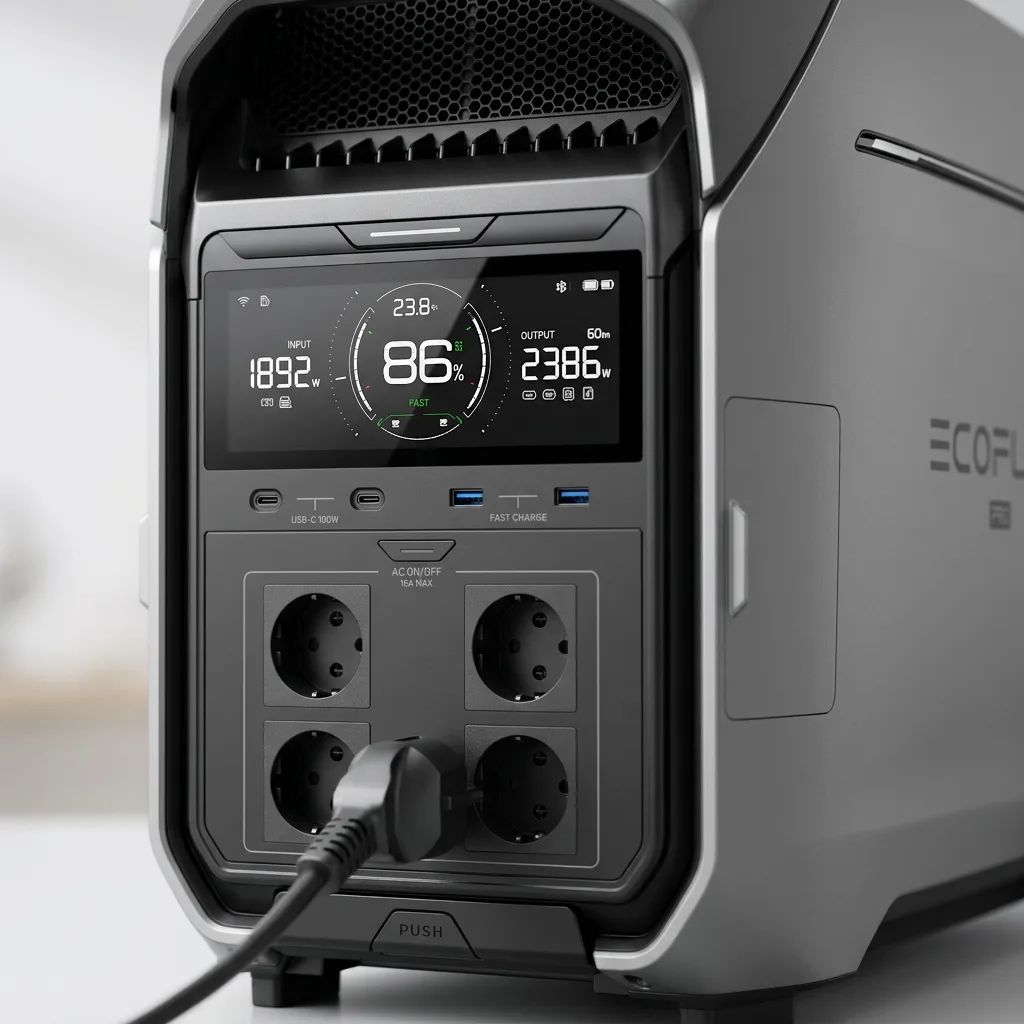 KI-Visualisierung: EcoFlow DELTA Pro 3 Anschlüsse und Display einer Powerstation