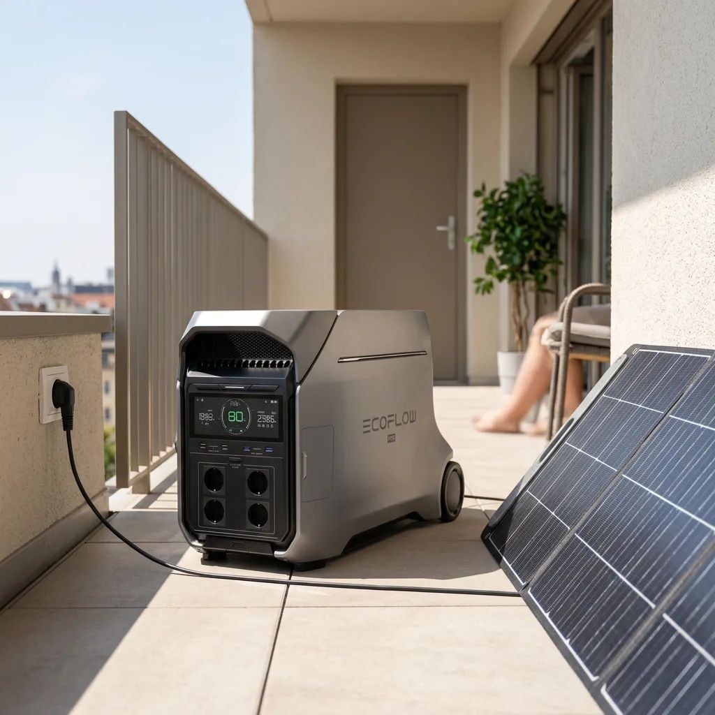 KI-Visualisierung: EcoFlow DELTA Pro 3 große Powerstation lädt per Solar
