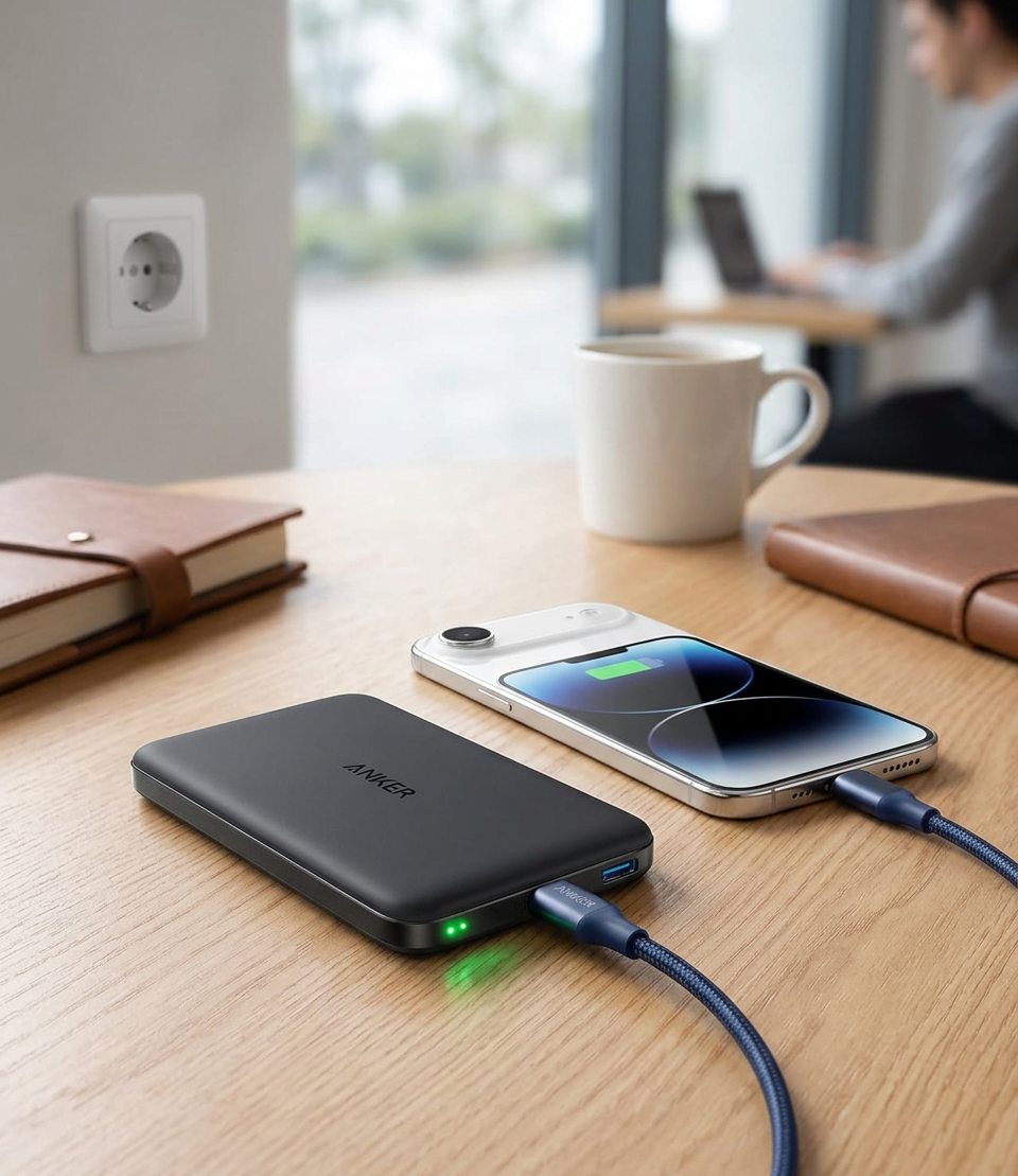 Anker Nano Powerbank (5K, Magnetisch, Slim) – charging a smartphone via USB-C cable