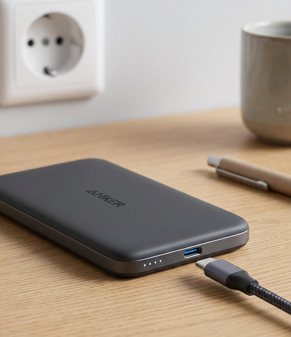 Anker Nano Powerbank (5K, Magnetisch, Slim) – the ports, LED indicators and cable connections
