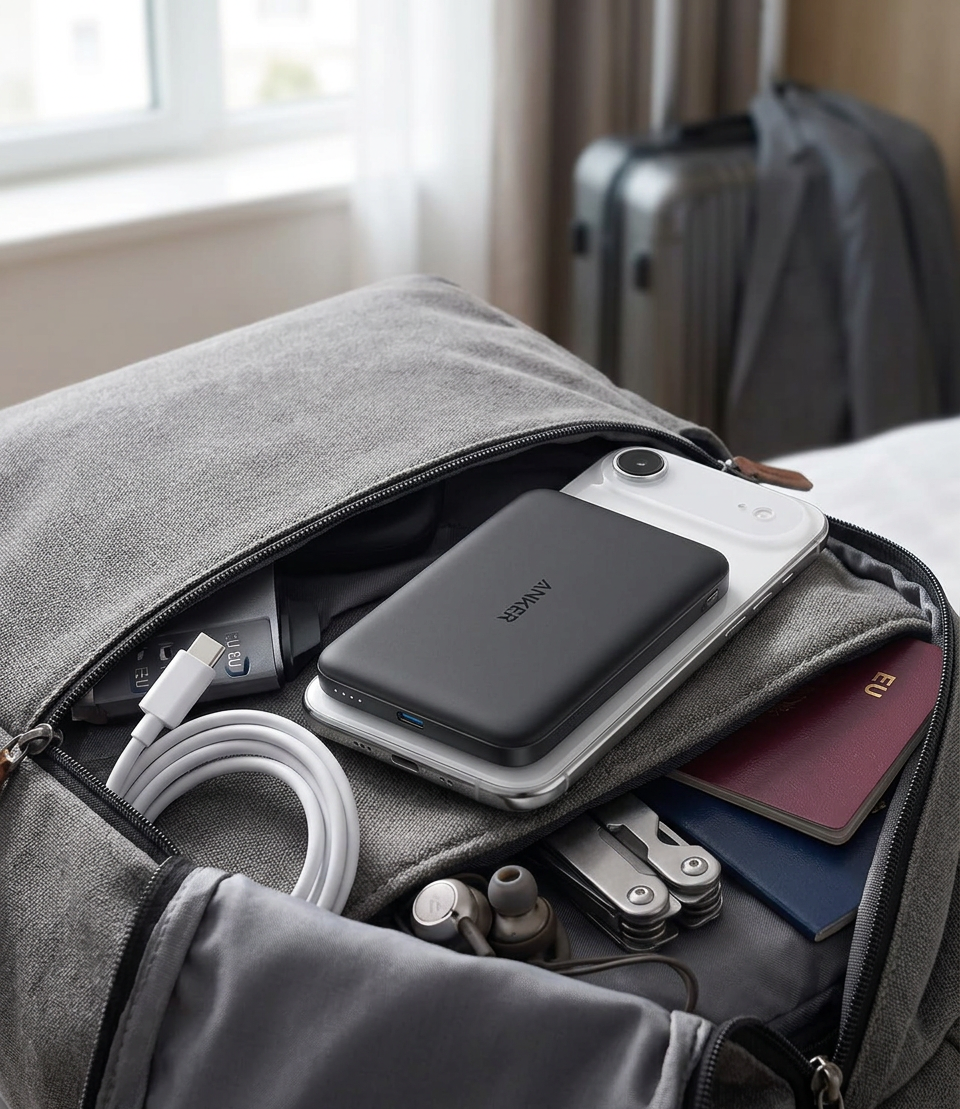 Anker Nano Powerbank (5K, Magnetisch, Slim) – packed in a travel bag ready for a trip