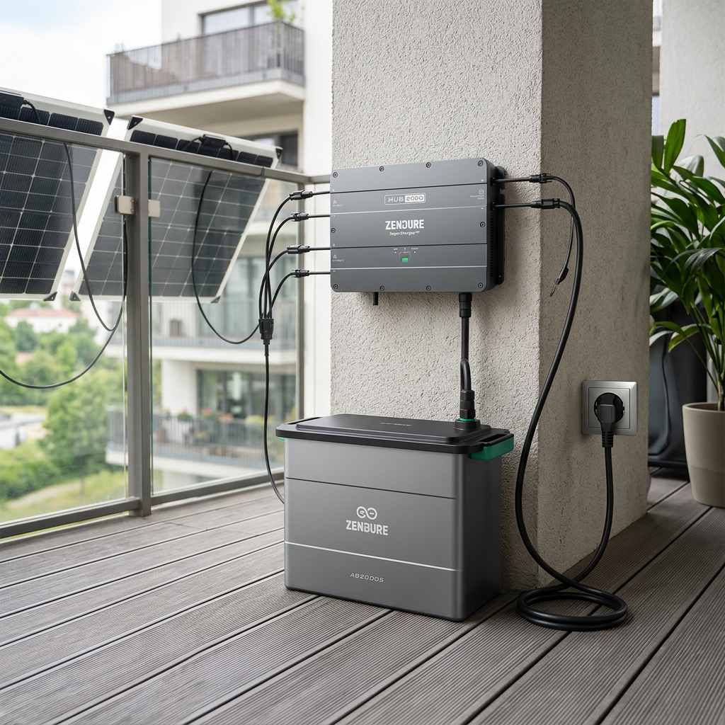 KI-Visualisierung: Zendure SolarFlow Hub 2000 Batteriespeicher stehend auf dem Balkonboden