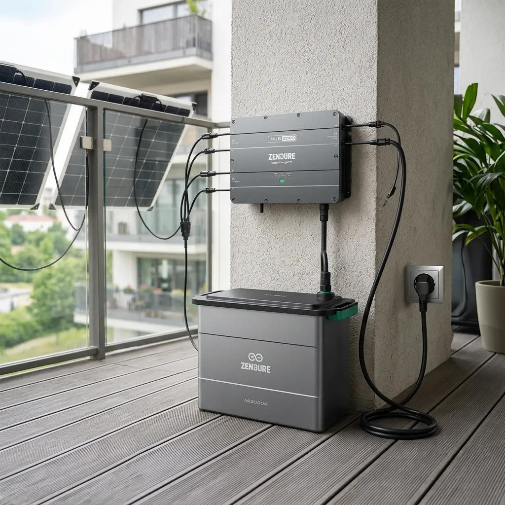 KI-Visualisierung: Zendure SolarFlow Hub 2000 Batteriespeicher stehend auf dem Balkonboden