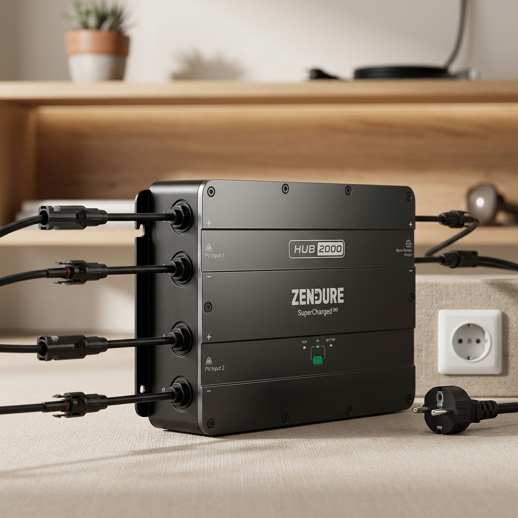 KI-Visualisierung: Zendure SolarFlow Hub 2000 Solaranschlüsse und Stromkabel am Gerät