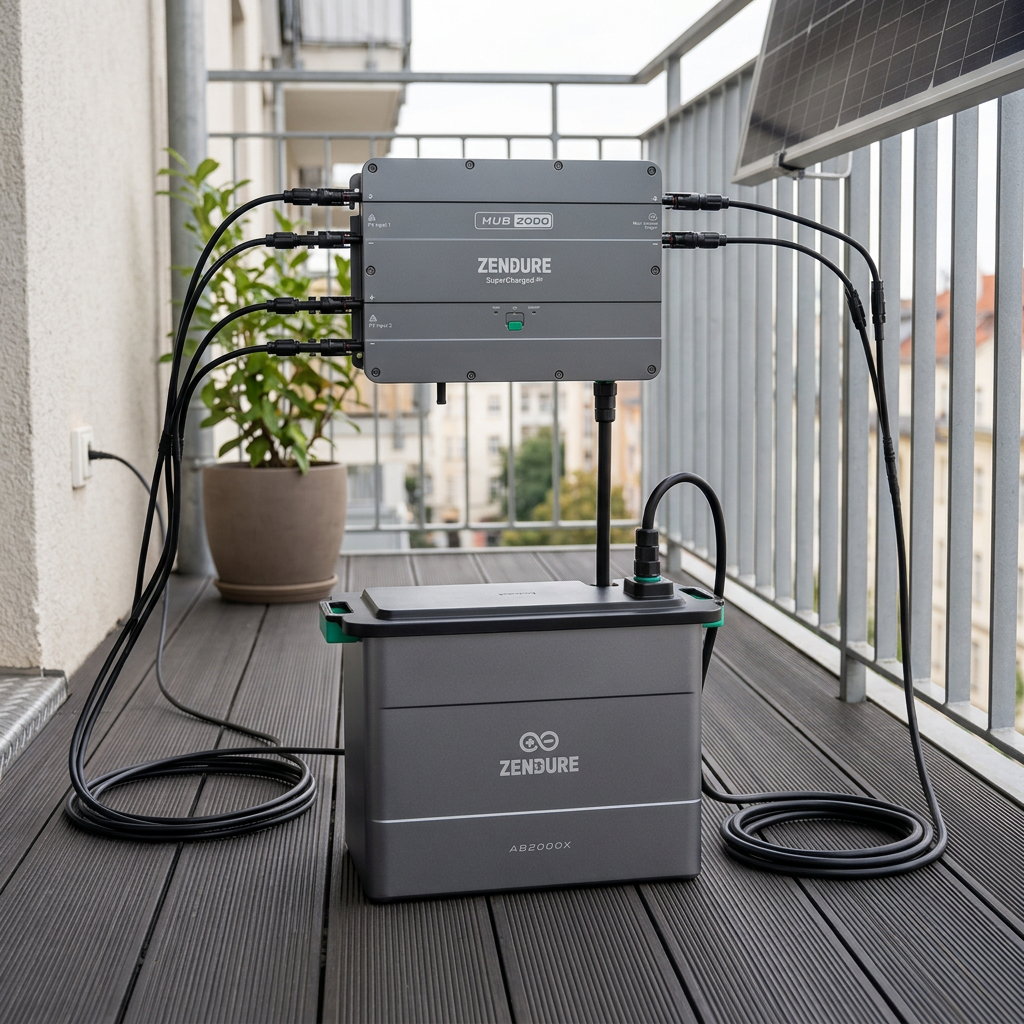 KI-Visualisierung: Zendure SolarFlow Hub 2000 Solarspeicher mit Verkabelung auf Balkon
