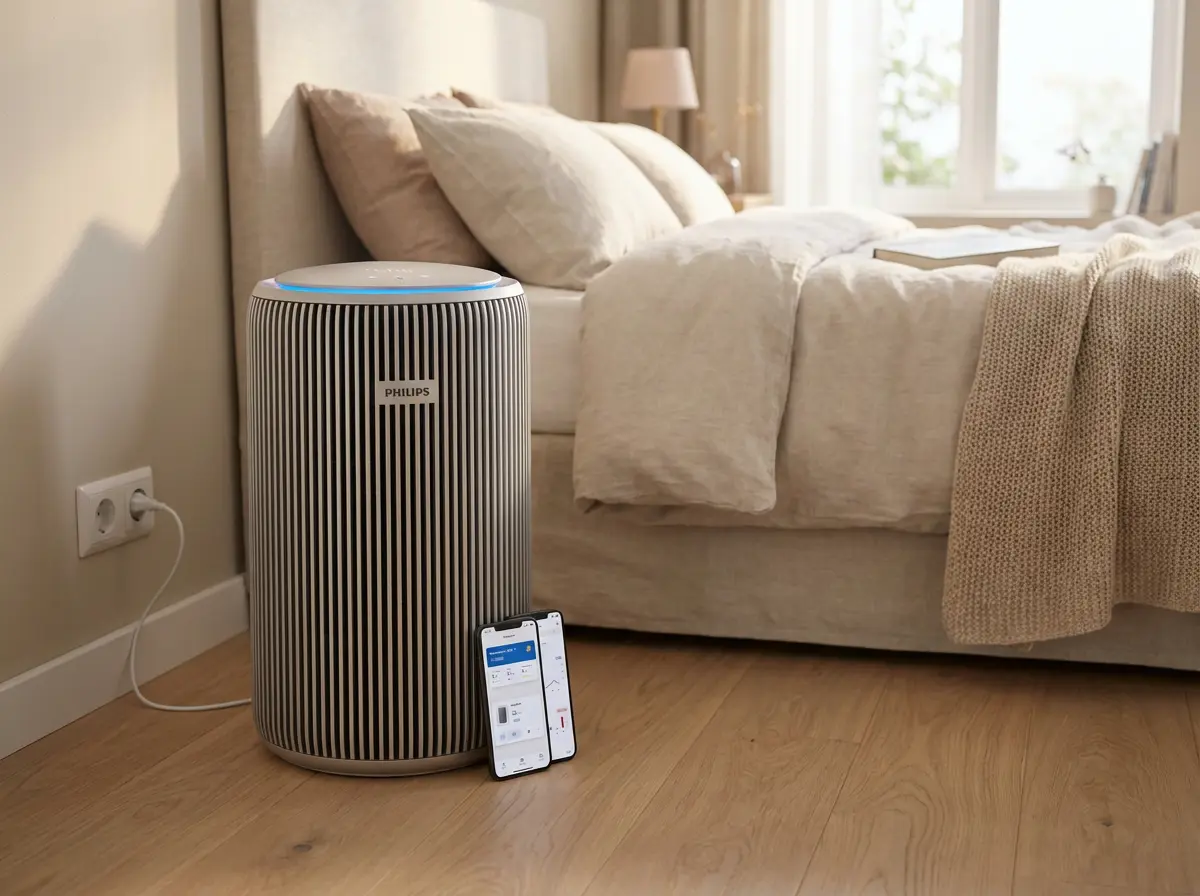 KI-Visualisierung: Philips PureProtect 3200 Series Intelligenter Luftreiniger Luftreiniger im Schlafzimmer neben Bett
