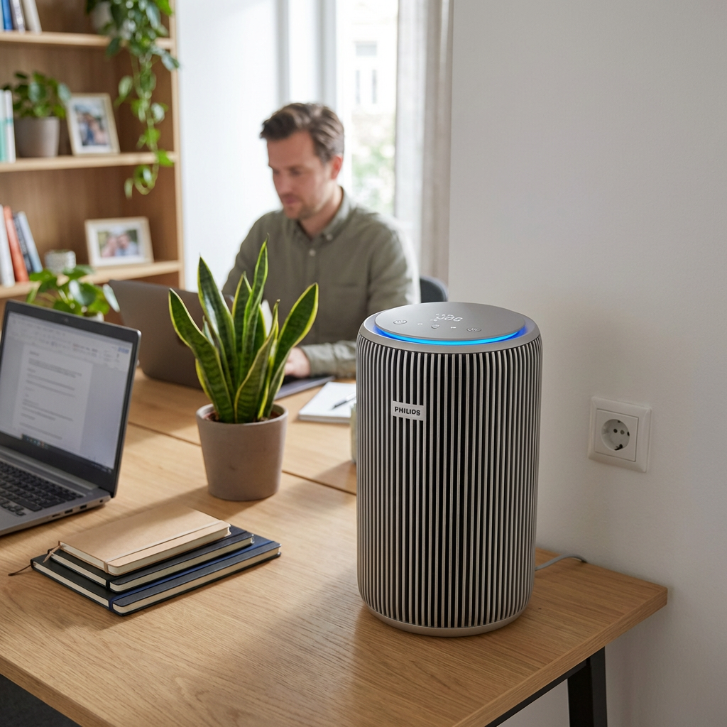 KI-Visualisierung: Philips PureProtect 3200 Series Intelligenter Luftreiniger Betrieb am Arbeitsplatz zu Hause