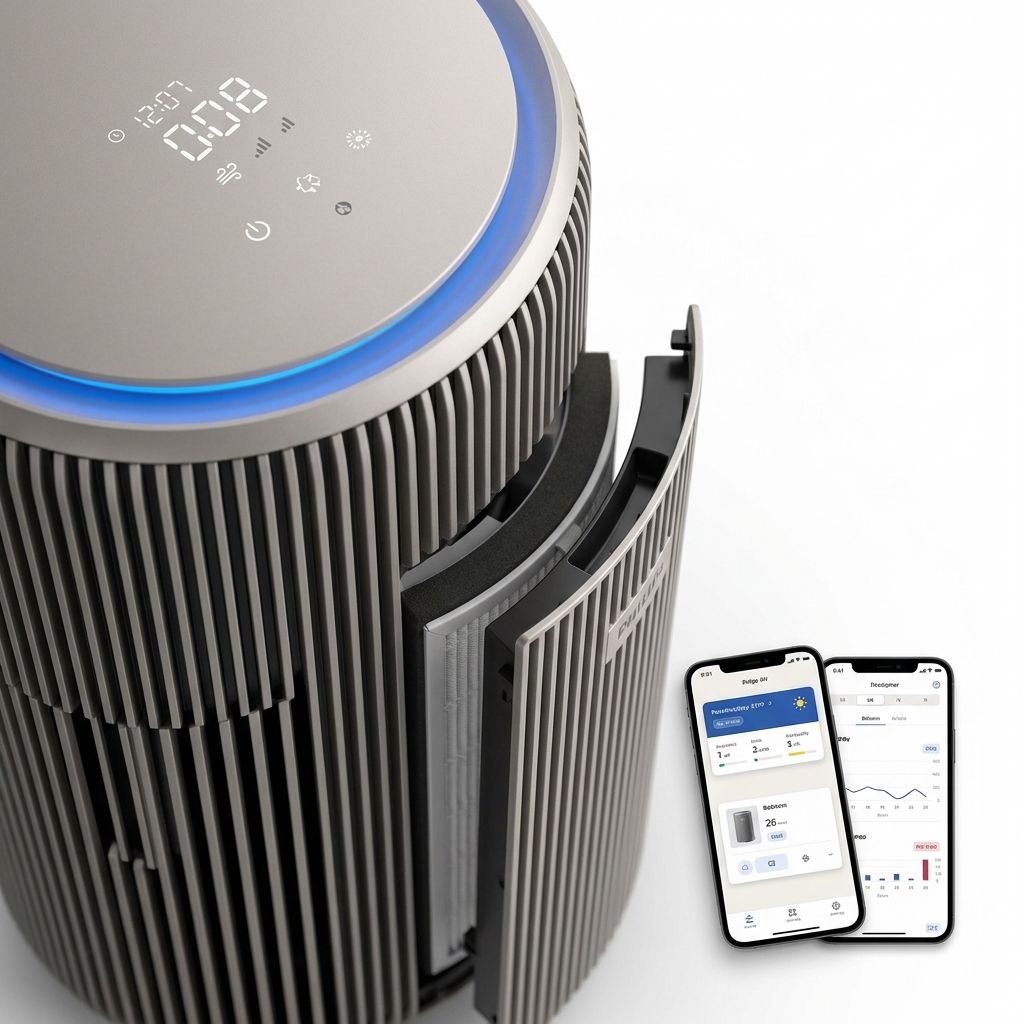 KI-Visualisierung: Philips PureProtect 3200 Series Intelligenter Luftreiniger Display und Filter eines Luftreinigers