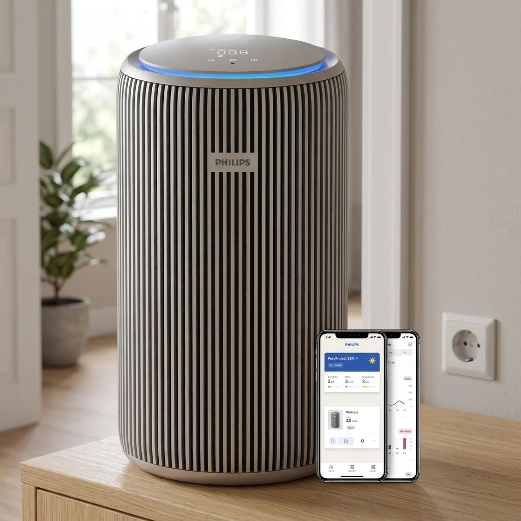 KI-Visualisierung: Philips PureProtect 3200 Series Intelligenter Luftreiniger Luftreiniger in ruhiger Zimmeratmosphäre