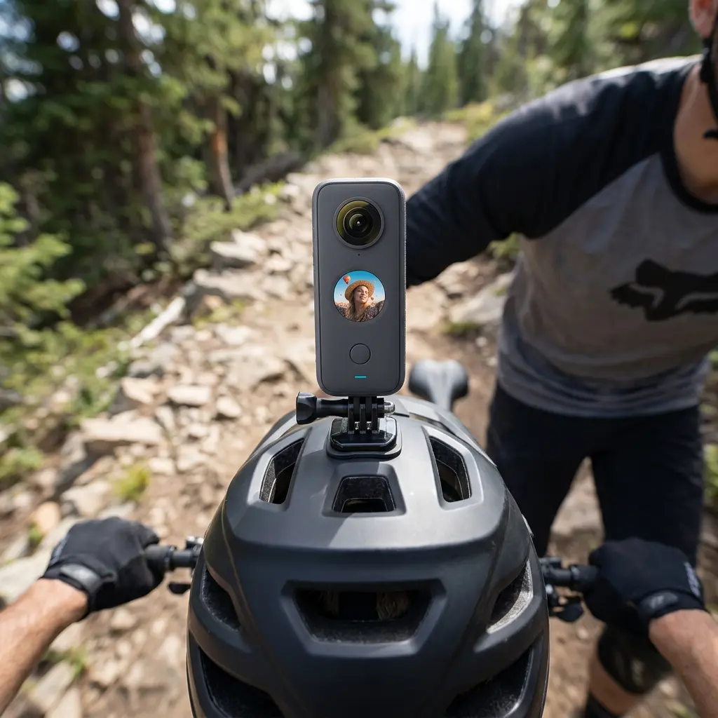 KI-Visualisierung: Insta360 X5 Am Fahrradhelm beim Mountainbiken