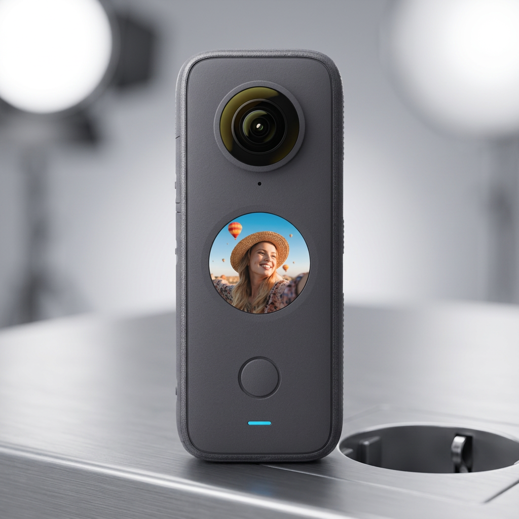 KI-Visualisierung: Insta360 X5 Linse und Bedienelemente im Detail