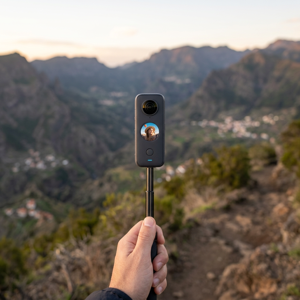 KI-Visualisierung: Insta360 X5 360-Grad-Kamera filmt Panorama-Aussicht