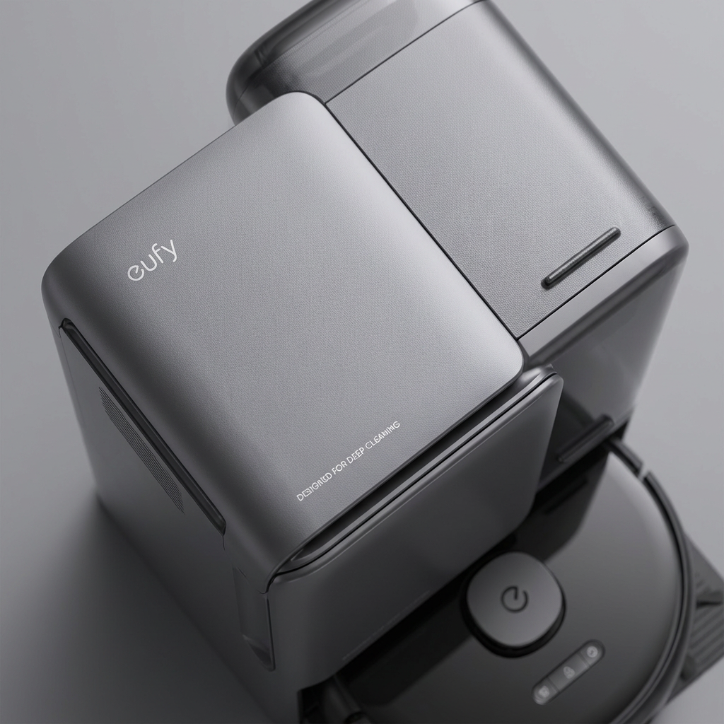 KI-Visualisierung: eufy Omni C28 Detailansicht der Sensoren eines Saugroboters