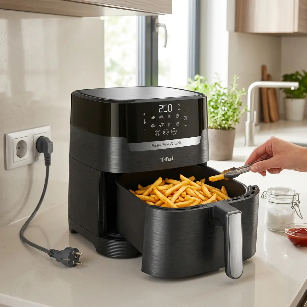 KI-Visualisierung: Tefal Easy Fry Infrared Heißluftfritteuse EY8328 Pommes im Korb der Heißluftfritteuse
