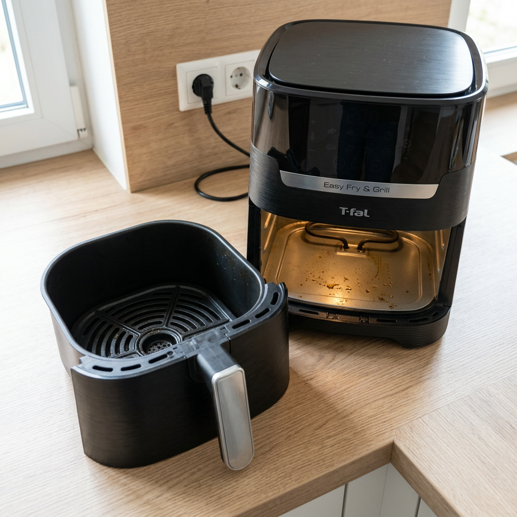 KI-Visualisierung: Tefal Easy Fry Infrared Heißluftfritteuse EY8328 herausgenommener Frittierkorb einer Infrarotfritteuse