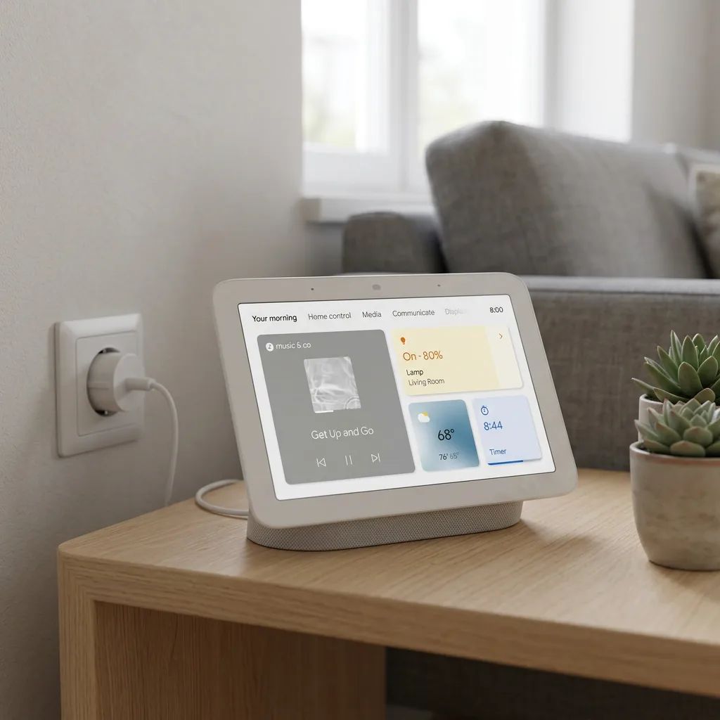 KI-Visualisierung: Google Nest Hub (2nd Gen) Smart-Display in einer hellen Wohnung
