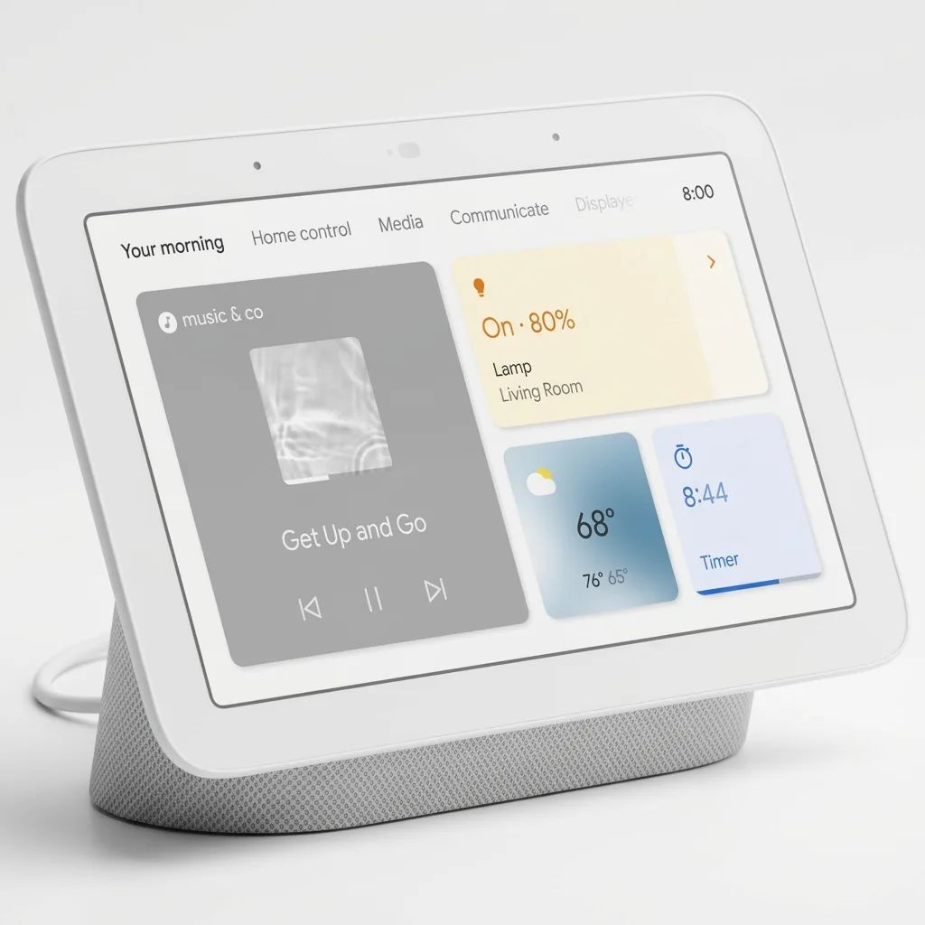 KI-Visualisierung: Google Nest Hub (2nd Gen) Detailansicht der Funktionen und Designelemente