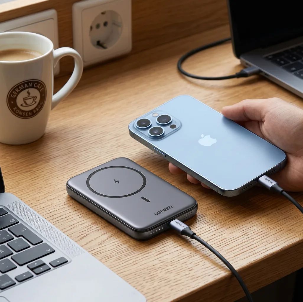 UGREEN Kabellose Magnetische Powerbank 5000mAh – charging a smartphone via USB-C cable