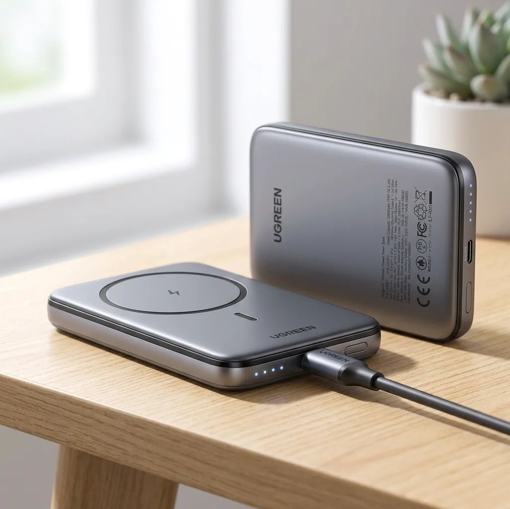 UGREEN Kabellose Magnetische Powerbank 5000mAh – the ports, LED indicators and cable connections