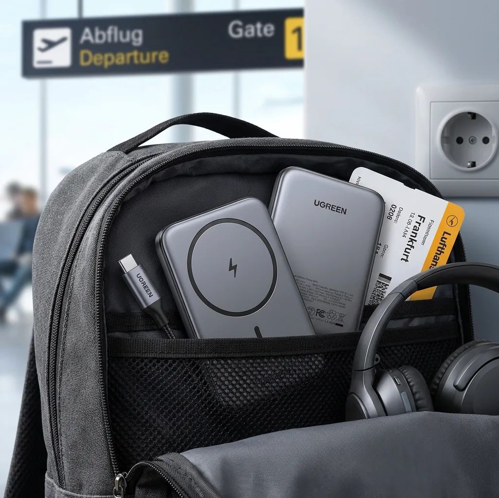 UGREEN Kabellose Magnetische Powerbank 5000mAh – packed in a travel bag ready for a trip