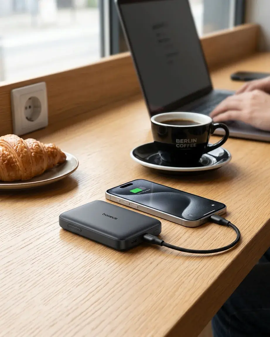 Baseus PicoGo AM52 Qi2.2 Magnetic Power Bank 10000mAh 25W – charging a smartphone via USB-C cable