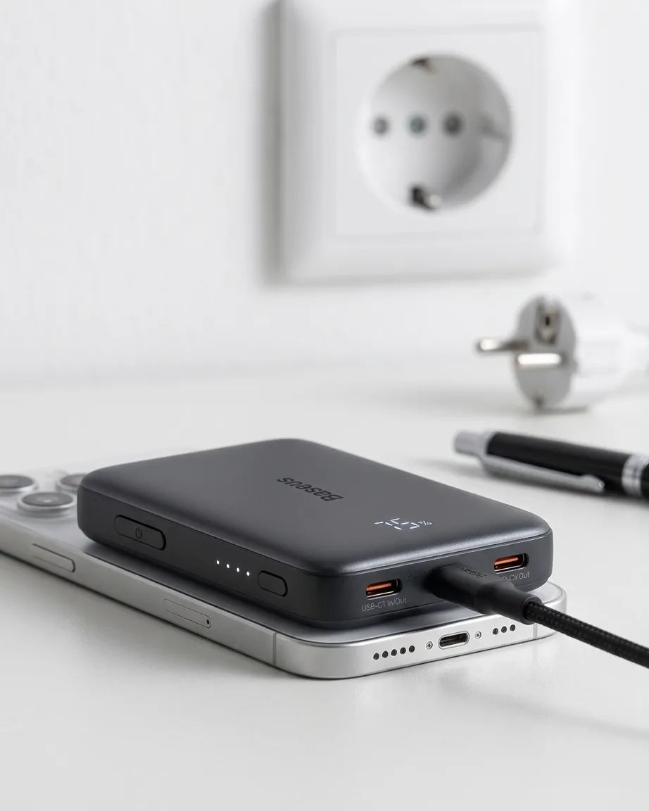 Baseus PicoGo AM52 Qi2.2 Magnetic Power Bank 10000mAh 25W – the ports, LED indicators and cable connections