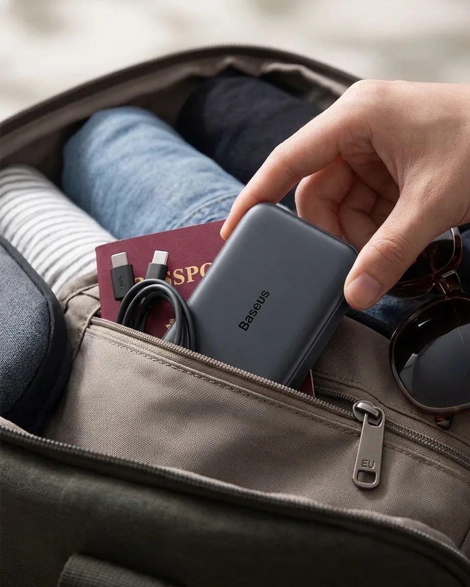 Baseus PicoGo AM52 Qi2.2 Magnetic Power Bank 10000mAh 25W – packed in a travel bag ready for a trip