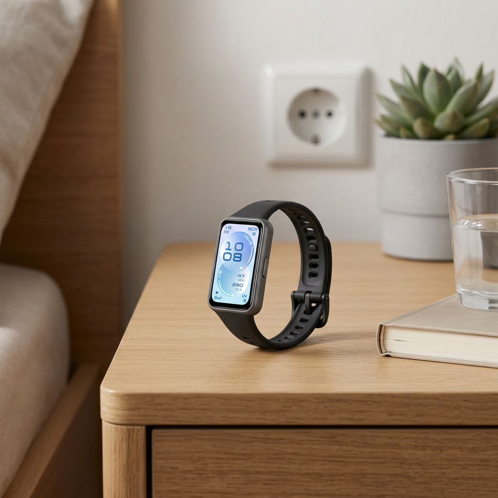 KI-Visualisierung: Huawei Band 11 Fitness-Tracker am Handgelenk im Alltag