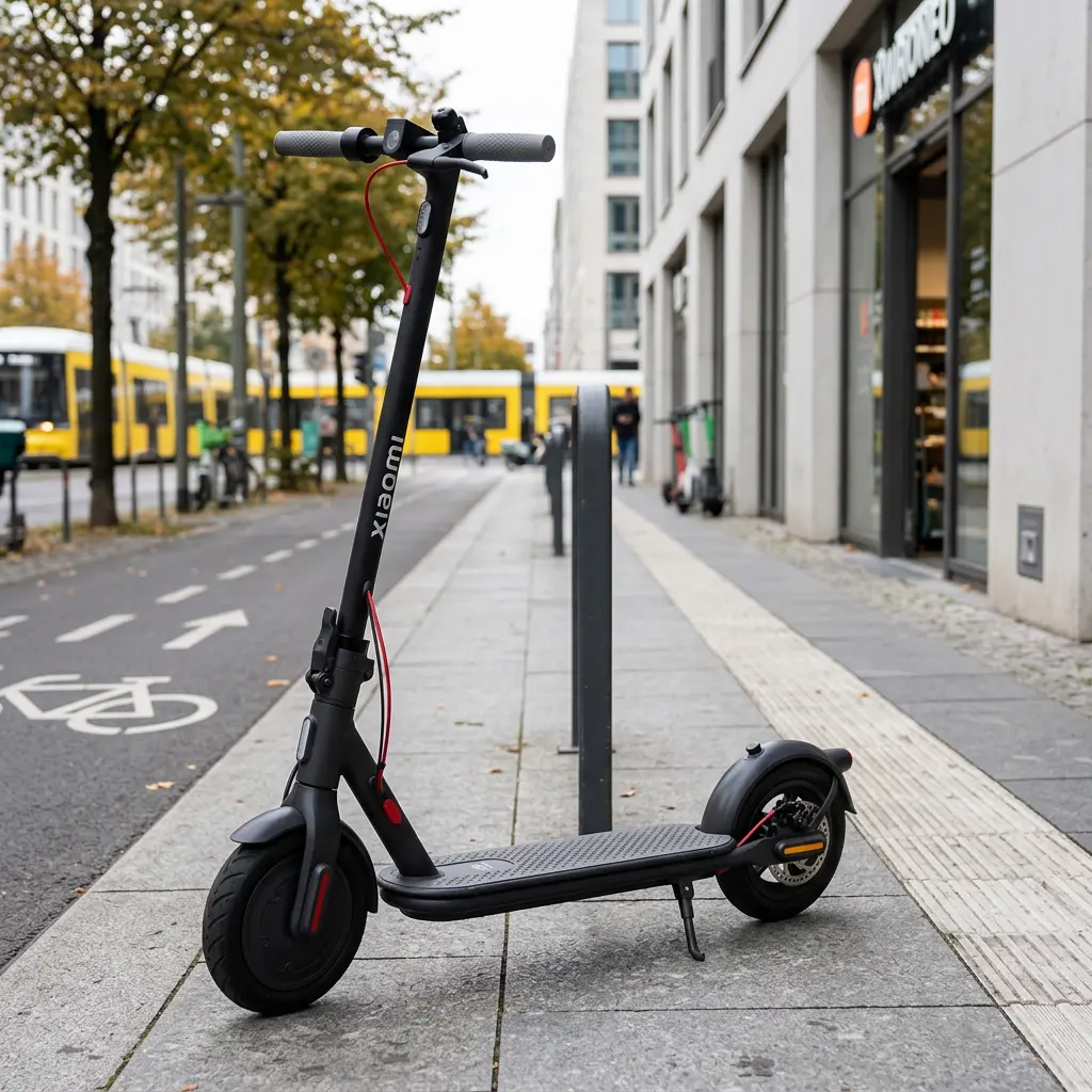 KI-Visualisierung: Xiaomi Electric Scooter 4 Lite (2nd Gen) Elektroroller auf modernem Gehweg geparkt