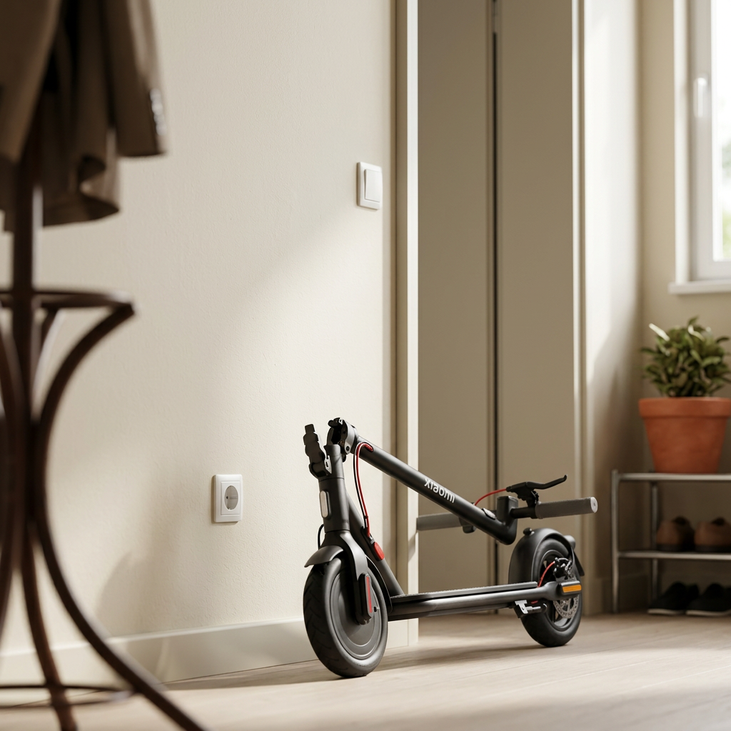 KI-Visualisierung: Xiaomi Electric Scooter 4 Lite (2nd Gen) Zusammengeklappter E-Scooter an der Wand