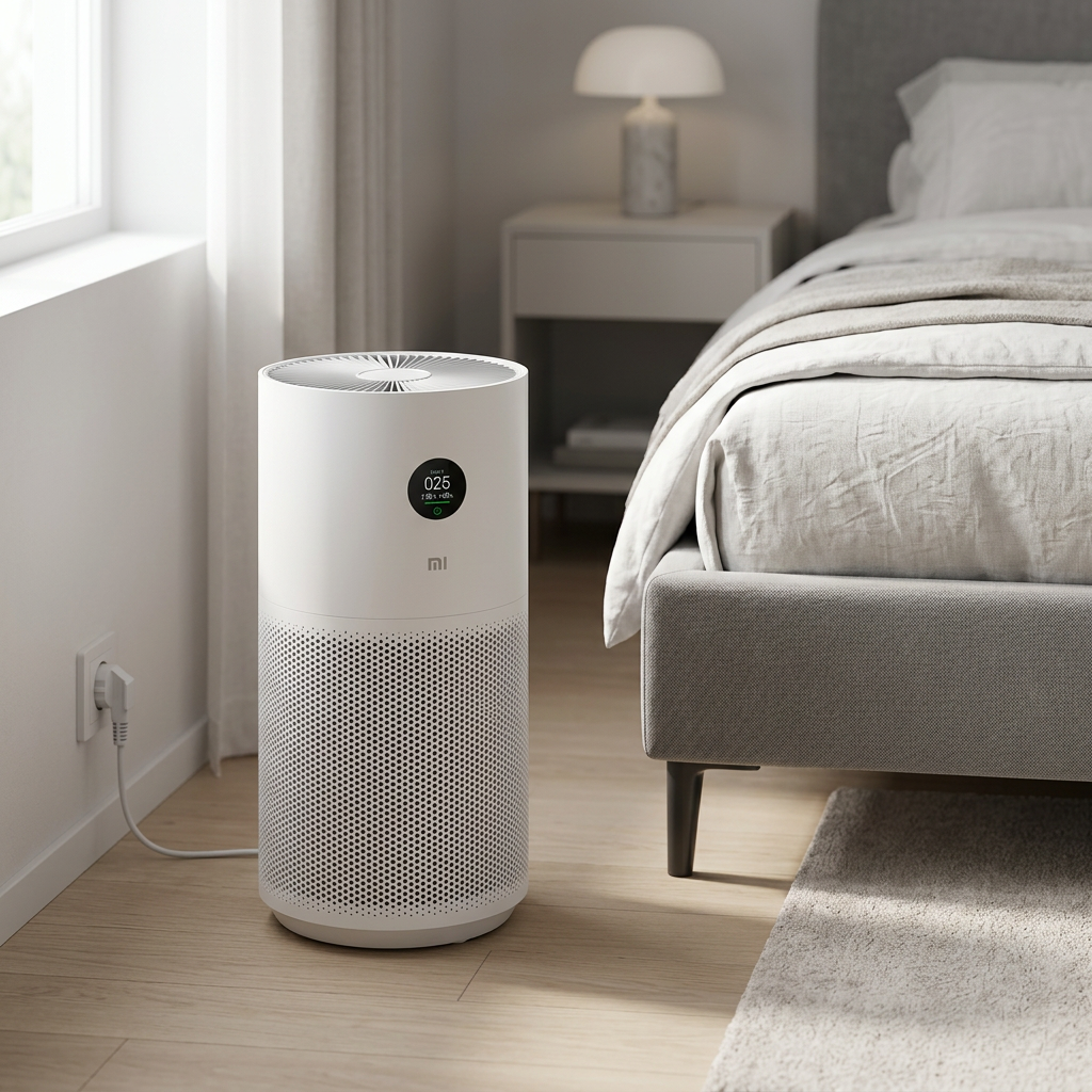 KI-Visualisierung: Xiaomi Smart Air Purifier 4 Pro Luftreinigung neben einem Bett