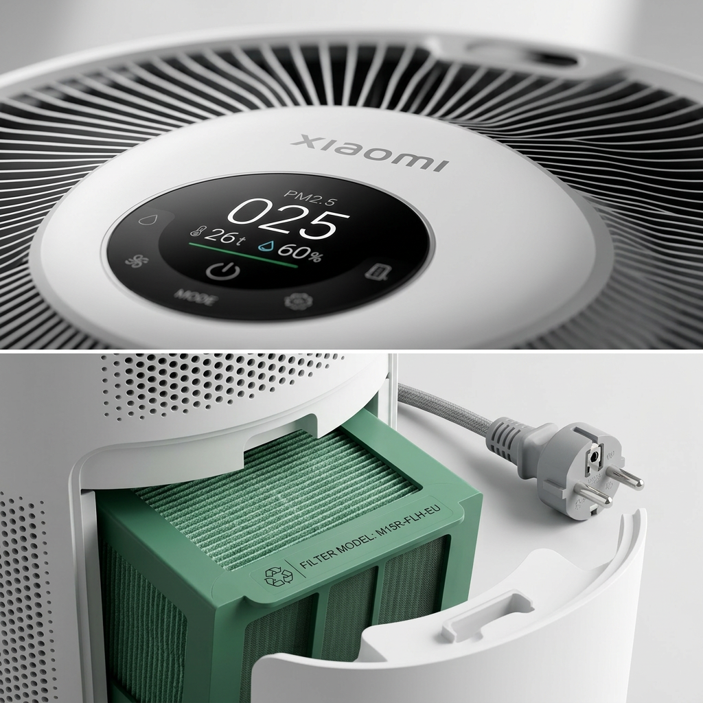 KI-Visualisierung: Xiaomi Smart Air Purifier 4 Pro Bedienelemente und Anzeige eines Luftreinigers