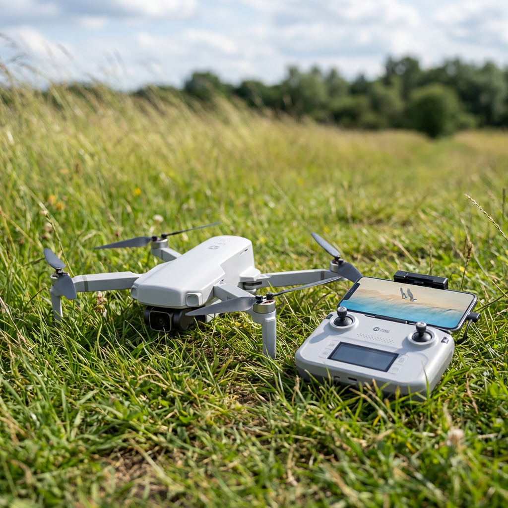 Holy Stone HS360E – next to its controller on a flat surface ready for takeoff